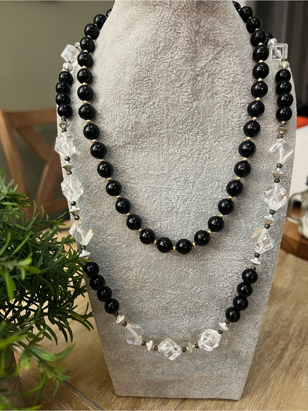 Black Beaded Necklace with Clear Accent Beads - Women Jewelry